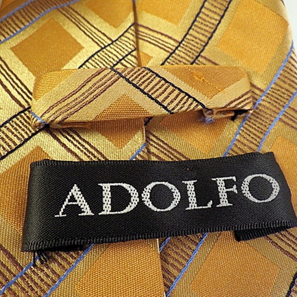 ADOLFO Mens 100% Silk Neck Tie Yellow Gold Blue - Picture 3 of 7